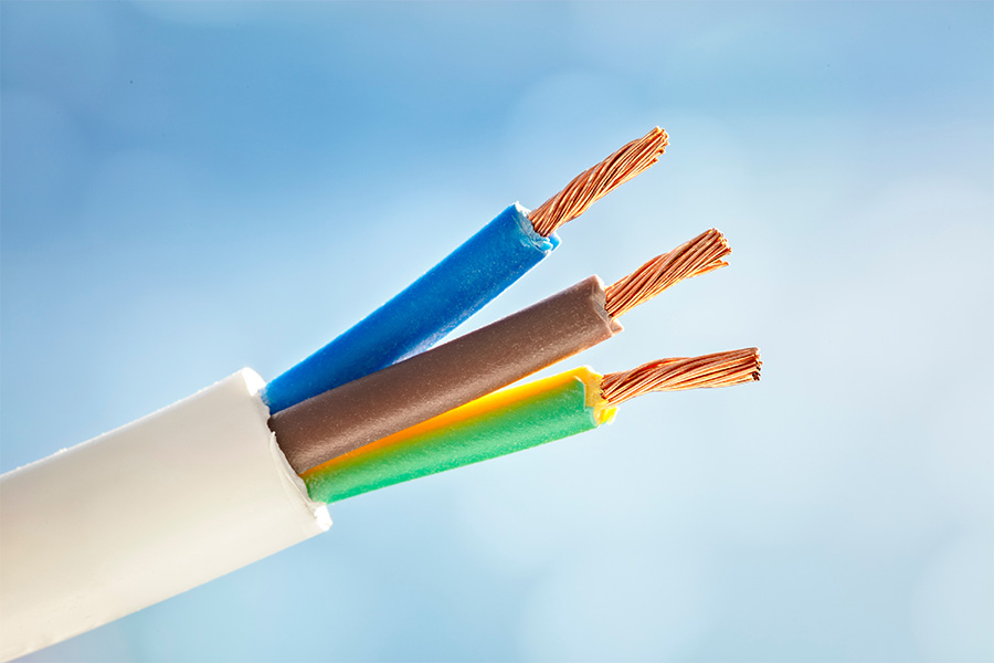 A cross section of a cable showing the blue neutral wire, brown live wire and green earth wire.