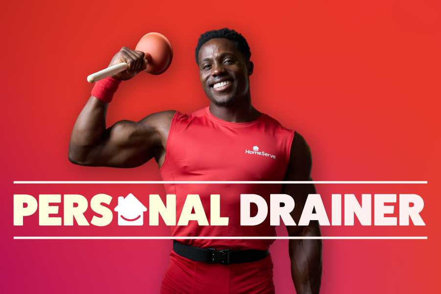 Harry Aikines-Aryeetey holding a plunger behind the text 'Personal Drainer'