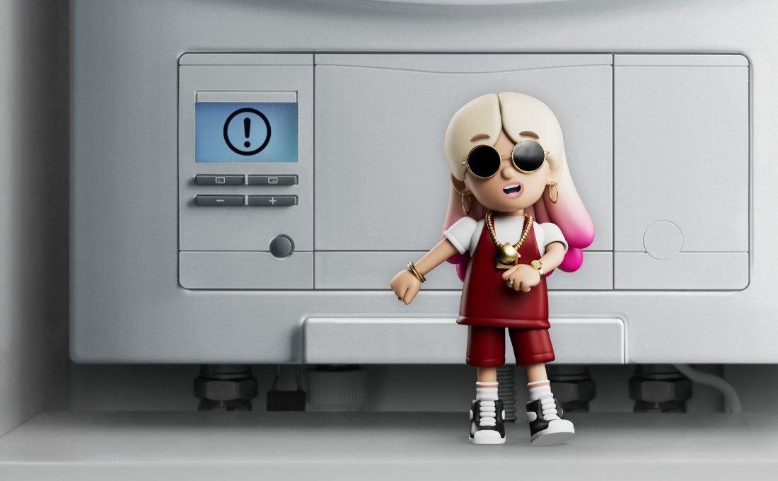 Lo Stress character standing in front of a boiler