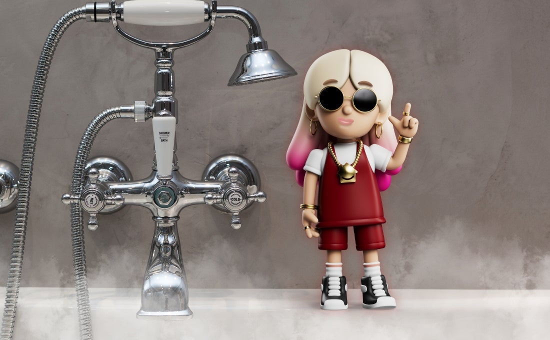 Lo Stress character stood near taps