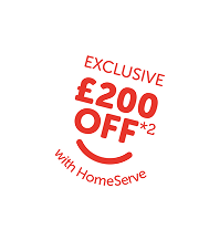 A white circle showing that HomeServe customers can get £200 off a new boiler. T&Cs apply.