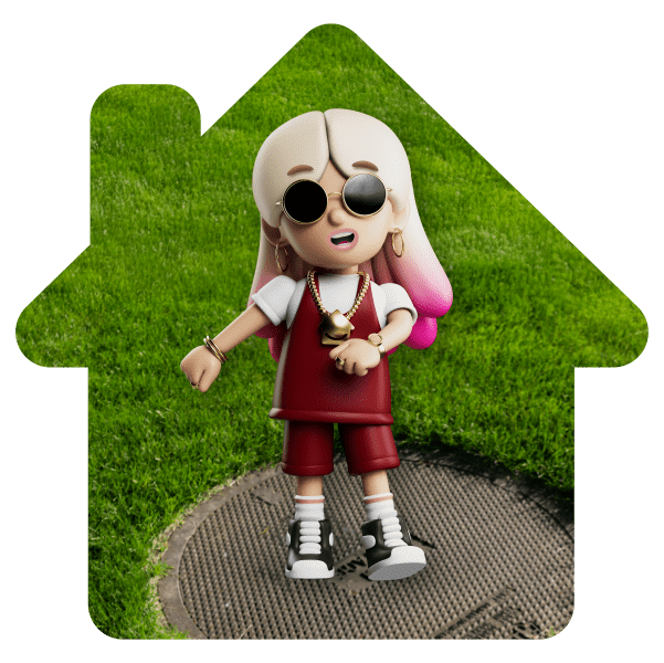 Lo Stress character standing on a drain cover in front of a lawn.