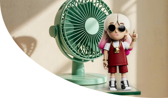 Lo Stress character standing in front of an electric fan