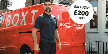 A BOXT engineer in front of a van alongside a roundel saying 'Exclusive £200 off*2'