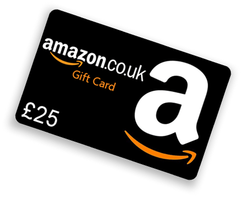 A black Amazon gift card with a £25 value