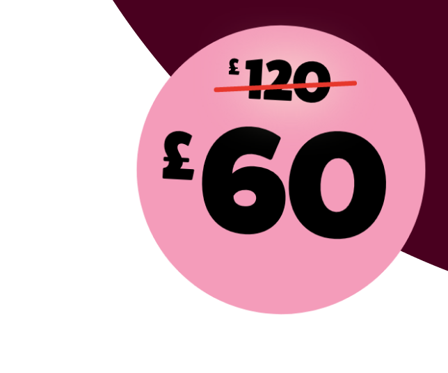 A pink circle showing the discount on a boiler service from £120 to £60