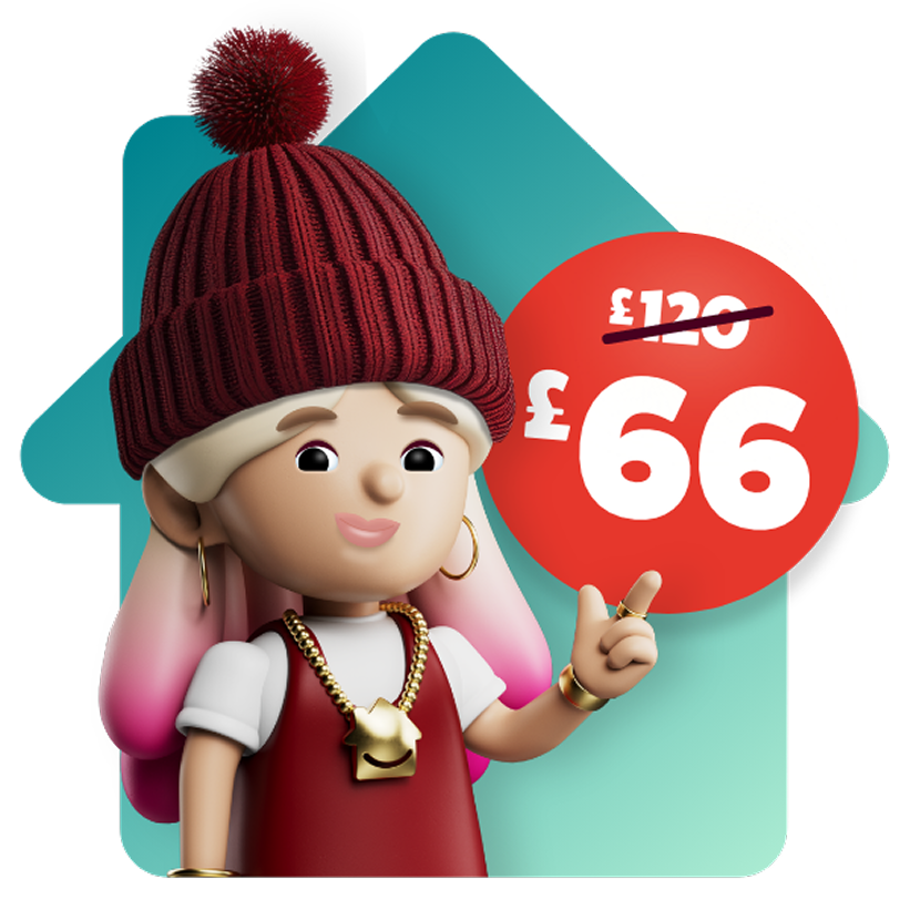 Lo Stress character gesturing to reduced price for a gas boiler service. The price is £66 with the £120 price crossed out.