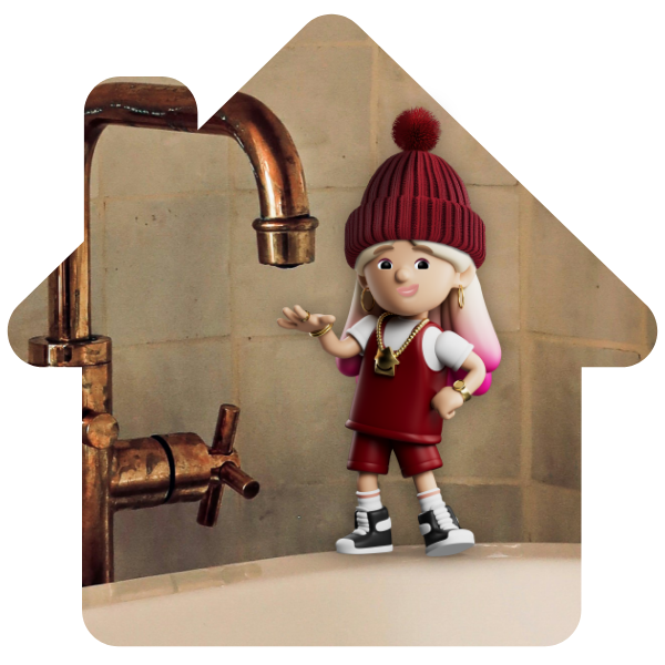 Lo Stress character standing on the rim of a bath next to a copper tap
