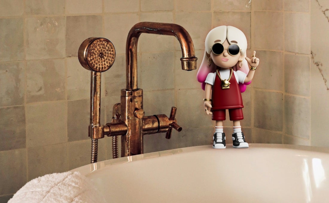 Lo Stress character standing on the rim of a bath next to a copper tap
