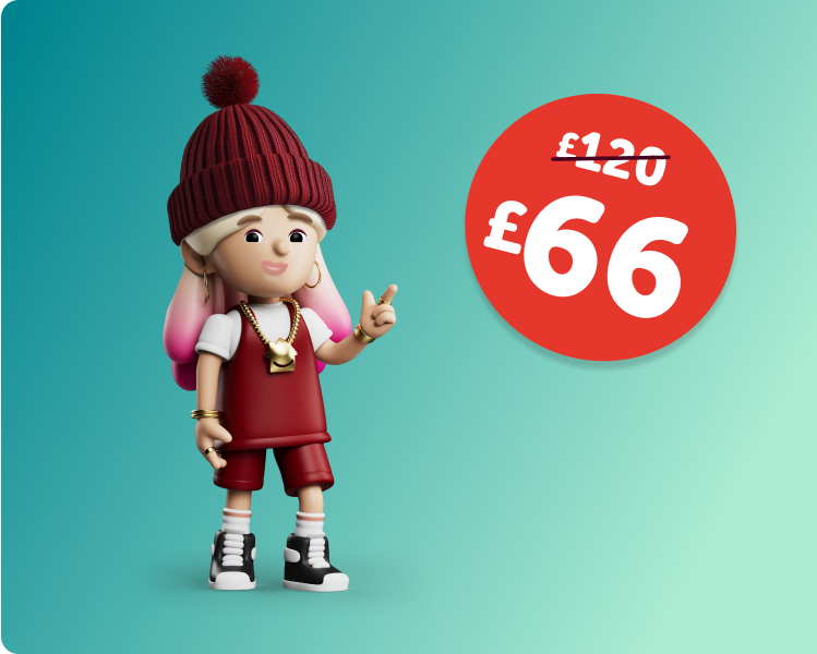 Lo Stress character gesturing to reduced price for a gas boiler service. The price is £66 with the £120 price crossed out.