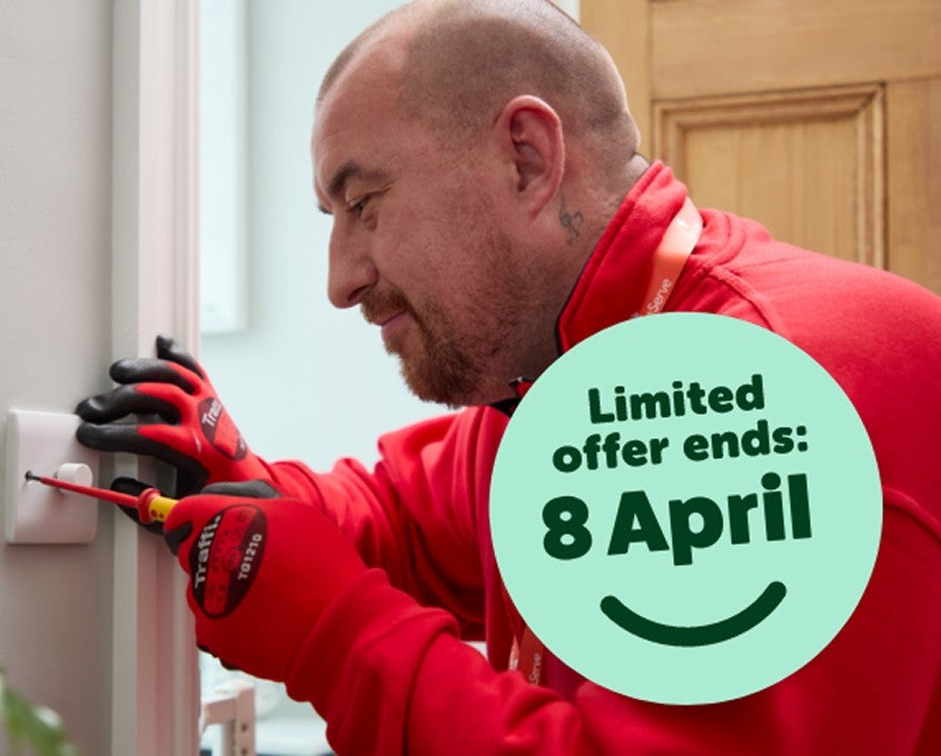A HomeServe electrician repairing a dimmer light switch next to a message reminding customers that the 50p a month limited offer ends 8 April