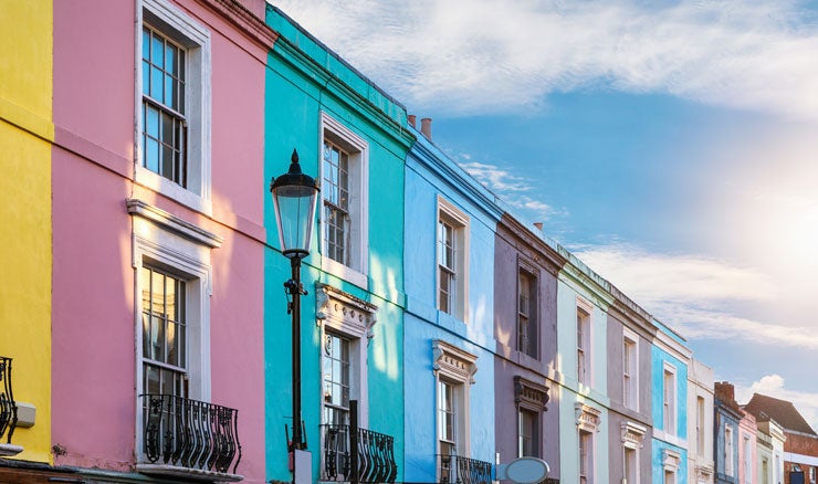 A row of multicoloured terraced houses