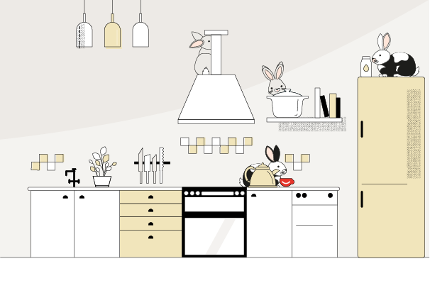 Easter bunnies in a kitchen scene