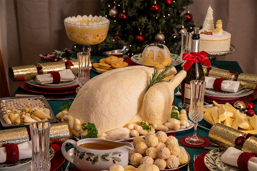 A Christmas dinner with turkey and all the trimmings, made entirely out of fat and oil.